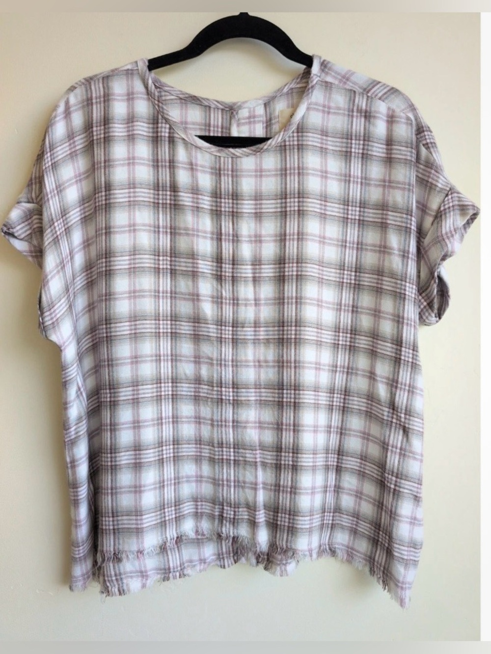 Cloth & Stone for Anthropologie Plaid Button Back Top in White/Tan Size M